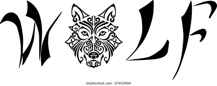 Sign "WOLF" with a wolf head stylized Maori face tattoo. Vector