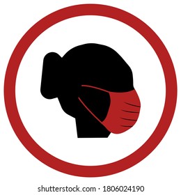Sign with woman wearing a surgical face mask. Required.