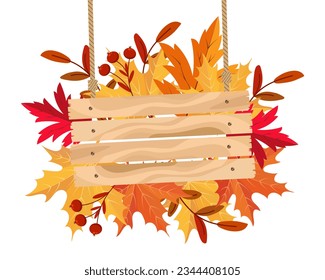 A sign from wooden boards on a background with autumn maple leaves. Autumn illustration, background, vector	
