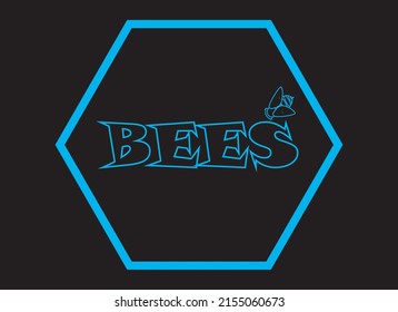 
Sign with the word bees in neon blue in English surrounded by a hexagon on a black background
