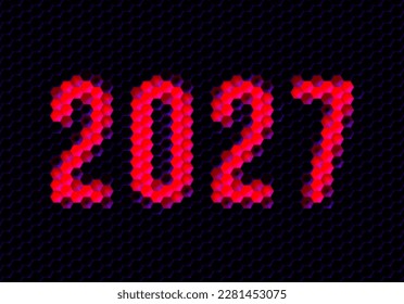 Sign of the year 2027 with hex pixel grid. New Years number or digits for holiday eve celebration card or calendar.