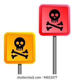 sign with yellow and red human skulls