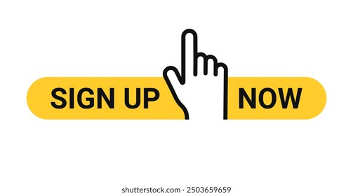 Sign up yellow square button with finger pointer. Vector icon