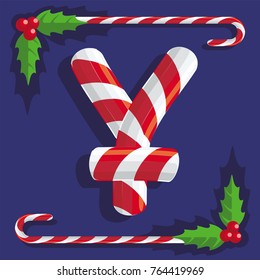 Sign yen of red and white sweets sweet candy cane on blue background, illustration, vector