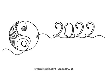 Sign of yin and yang  with 2022 year as line drawing on white background. Vector