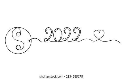 Sign of yin and yang  with 2022 year as line drawing on white background. Vector