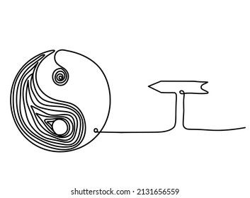 Sign of yin and yang  with arrow as line drawing on white background. Vector