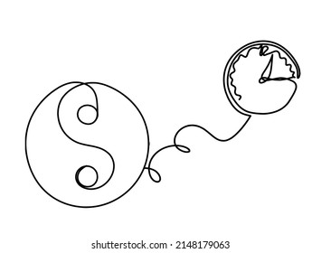 Sign of yin and yang  with clock as line drawing on white background