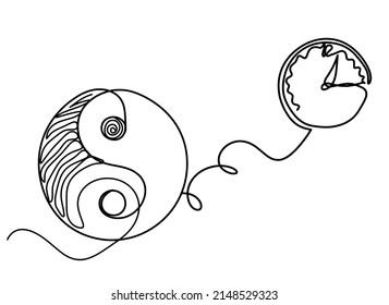 Sign of yin and yang  with clock as line drawing on white background