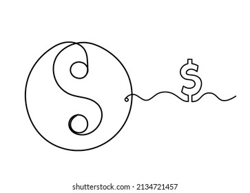 Sign of yin and yang  with dollar as line drawing on white background. Vector
