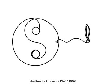 Sign of yin and yang  with exclamation mark as line drawing on white background. Vector