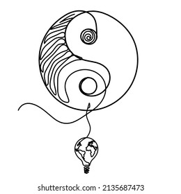 Sign of yin and yang  with globe light bulb as line drawing on white background. Vector