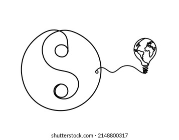 Sign of yin and yang  with globe light bulb as line drawing on white background