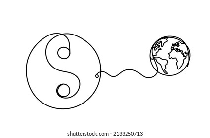 Sign of yin and yang  with globe as line drawing on white background. Vector