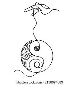 Sign of yin and yang  with hand as line drawing on white background. Vector