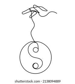 Sign of yin and yang  with hand as line drawing on white background. Vector