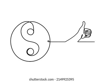 Sign of yin and yang  with hand as line drawing on white background