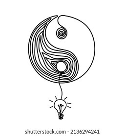 Sign of yin and yang  with light bulb as line drawing on white background