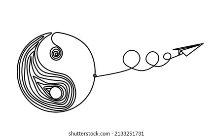 Sign of yin and yang  with paper plane as line drawing on white background. Vector