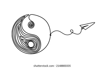 Sign of yin and yang  with paper plane as line drawing on white background