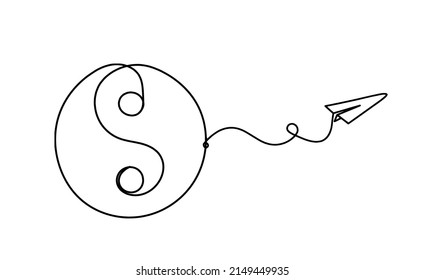 Sign of yin and yang  with paper plane as line drawing on white background