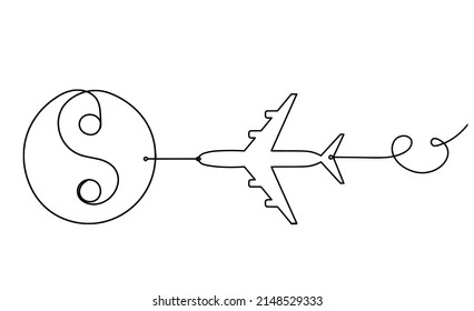 Sign of yin and yang  with plane as line drawing on white background