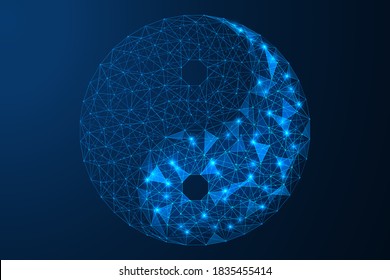 The sign of Yin Yang. Symbol of harmony and balance. Low-poly three-dimensional design of interlocking lines and dots. Blue background.