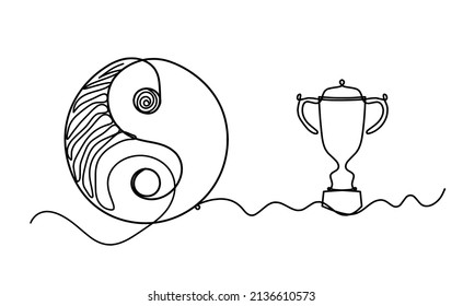 Signo de yin y yang con trofeo como dibujo en fondo blanco. Vector