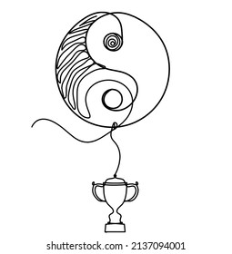 Sign of yin and yang  with trophy as line drawing on white background. Vector