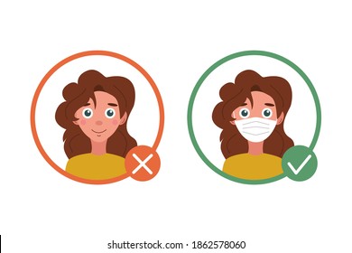 Sign: You are not allowed to enter without a mask. Warning about wearing a mask in public places. A girl with a mask and without it. Vector flat illustration isolated on a white background