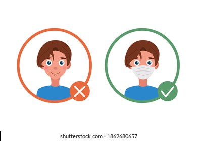 Sign: You are not allowed to enter without a mask. Warning about wearing a mask in public places. A boy with a mask and without it. Vector flat illustration isolated on a white background.