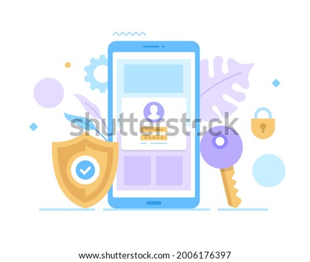 Sign in with your phone. Login form on mobile phone screen, shield with check mark, lock and key. Enter password, website registration, authorization concepts