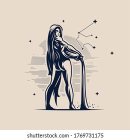 Sign of the zodiac Aquarius. Constellation of Aquarius. Woman with long hair with a jug of water. Vector illustration.