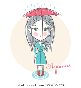 Sign of the Zodiac - Aquarius. Vector illustration.  Little cute girl with an umbrella in the rain. In the style of a sketch.