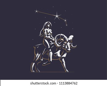 Sign of the zodiac Aries. The girl rides on Ram under the constellation of Aries. Vector emblem.