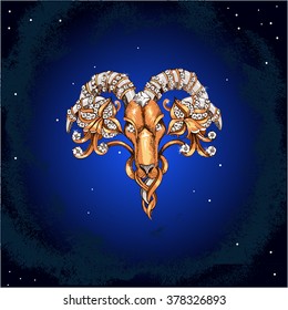Sign of the zodiac Aries is the starry sky, vector Illustration.Jewelry with precious stones. Mountain sheep.
