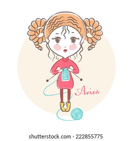 Sign of the Zodiac - Aries. Vector illustration.  Little cute girl with knitting needles. In the style of a sketch.