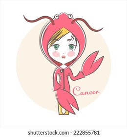 Sign of the Zodiac - Cancer. Vector illustration.  Little cute girl in fancy dress. In the style of a sketch.