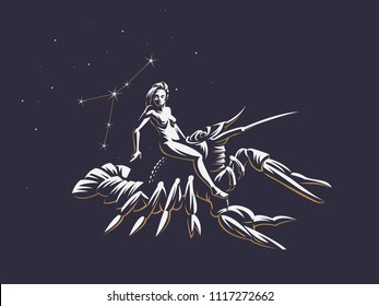 Sign of the zodiac Cancer. A woman riding a crawfish. Constellation of Cancer. Vector illustration.