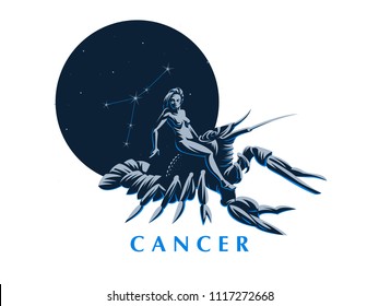 Sign of the zodiac Cancer. A woman riding a crawfish. Constellation of Cancer. Vector illustration.