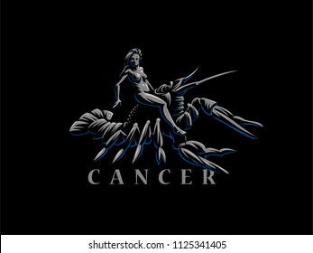 Sign of the zodiac Cancer. A woman riding a crawfish. Vector illustration.