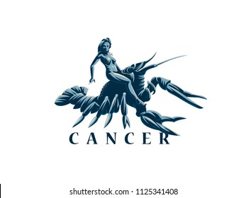 Sign of the zodiac Cancer. A woman riding a crawfish. Vector illustration.