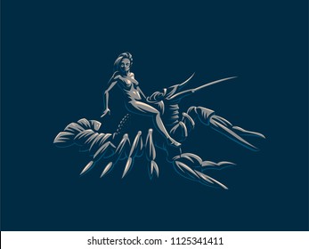 Sign of the zodiac Cancer. A woman riding a crawfish. Vector illustration.