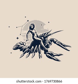 Sign of the zodiac Cancer. A woman riding a crawfish. White background. Constellation of Cancer. Vector illustration.
