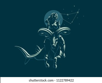 Sign of the zodiac Capricorn. Constellation of Capricorn. A woman riding a horse in Capricorn. Vector illustration.