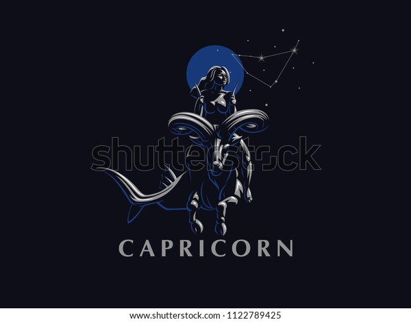 Sign of the\
zodiac Capricorn. Constellation of Capricorn. A woman riding a\
horse in Capricorn. Vector\
illustration.