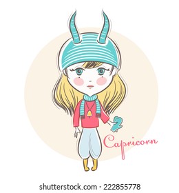 Sign of the Zodiac - Capricorn. Vector illustration.  Little cute girl with a hat and mittens. In the style of a sketch.