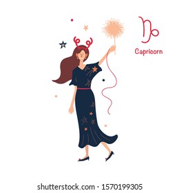Sign of the zodiac Capricorn. Young stylish girl on holiday, new year party. Vector illustration in flat cartoon style. Isolated on white background.