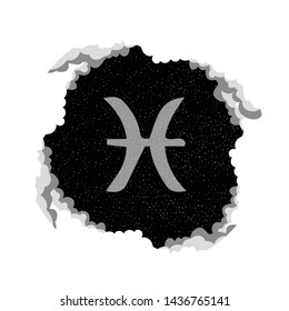 Sign of the zodiac fish. Symbol, zgachek, sticker, magnet. Ostragic horoscope. Starry sky in the clouds