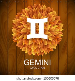 Sign of the zodiac. Gemini horoscope. white sign with a circle of autumn leaves. Wooden planks background